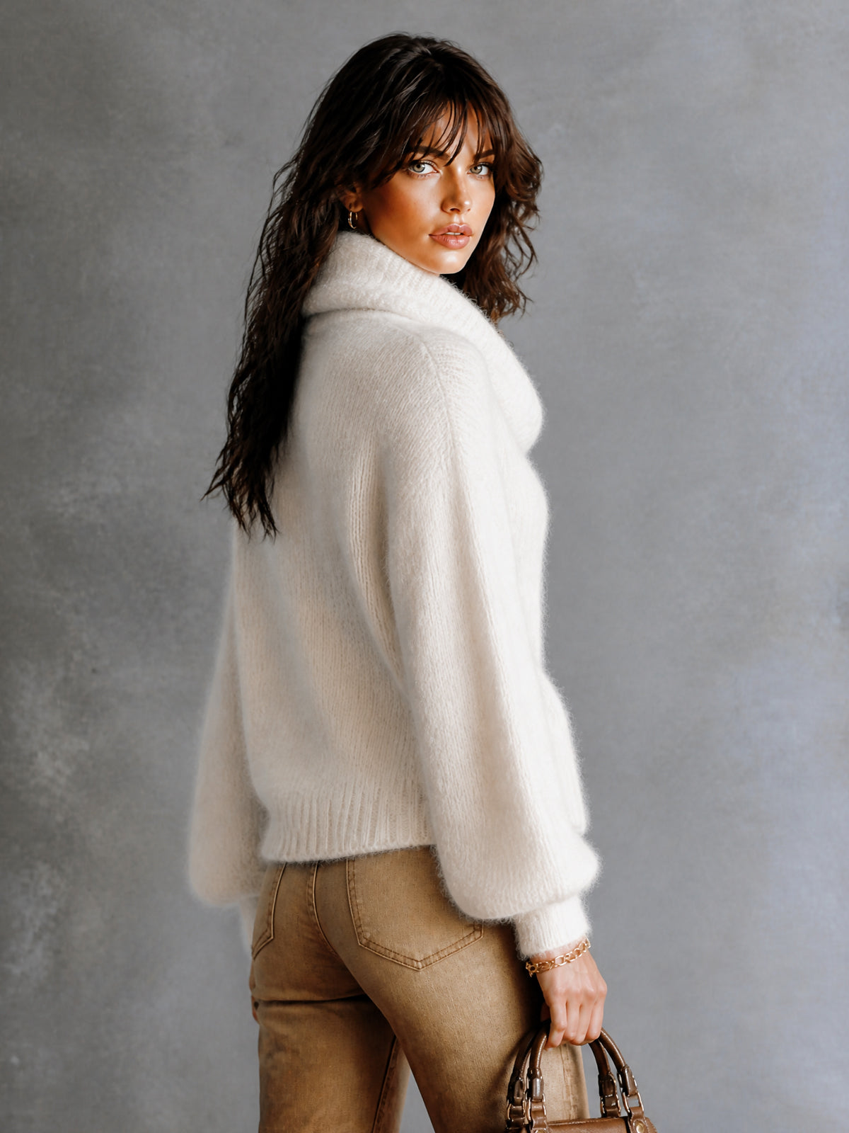ElevenOra Chic Elegant Cream White Cowl-Neck Dropped Shoulder Long-Sleeve Loose-Fit Mohair Blend Soft Knit Sweater