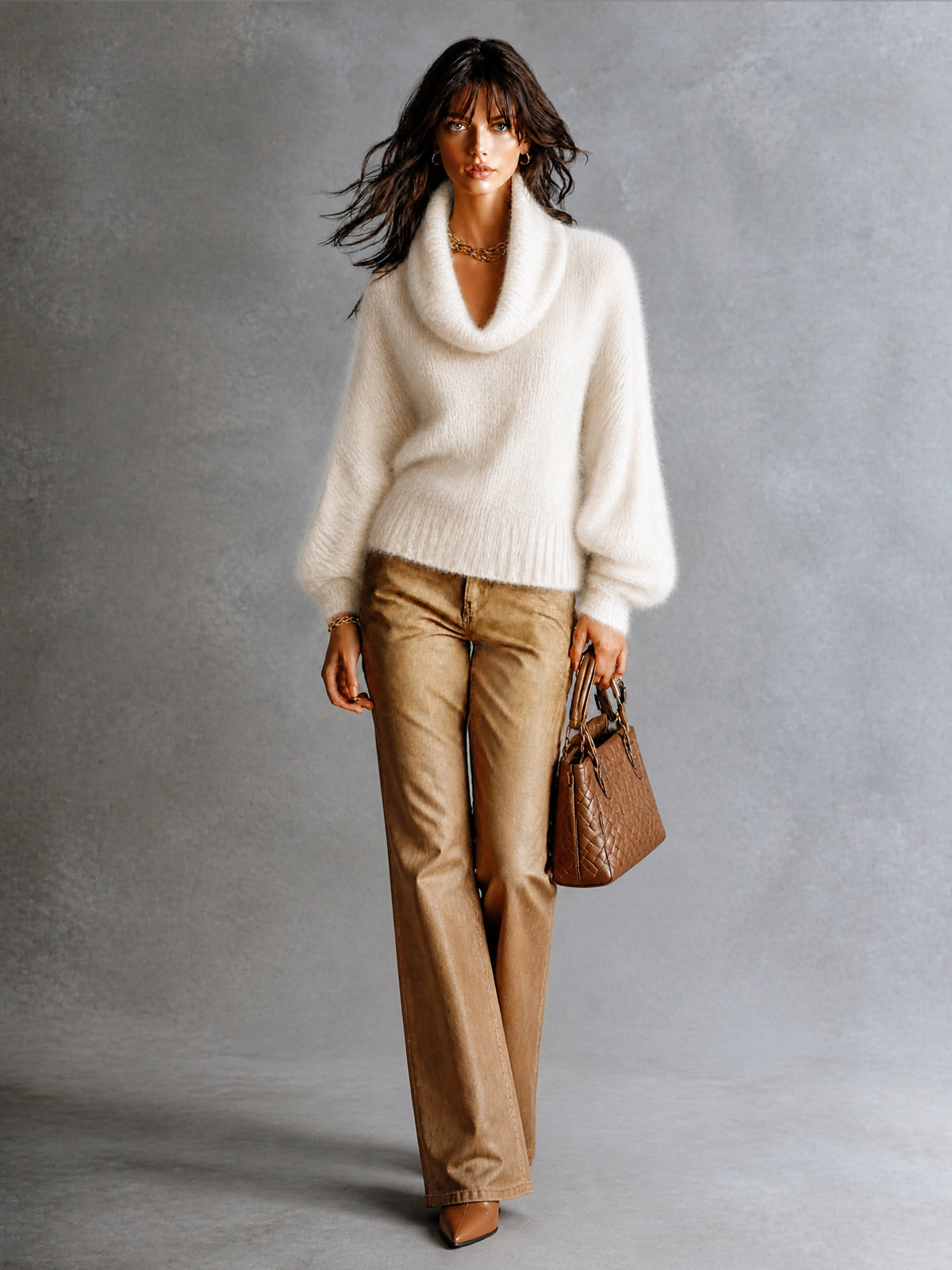 ElevenOra Chic Elegant Cream White Cowl-Neck Dropped Shoulder Long-Sleeve Loose-Fit Mohair Blend Soft Knit Sweater