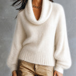 ElevenOra Chic Elegant Cream White Cowl-Neck Dropped Shoulder Long-Sleeve Loose-Fit Mohair Blend Soft Knit Sweater