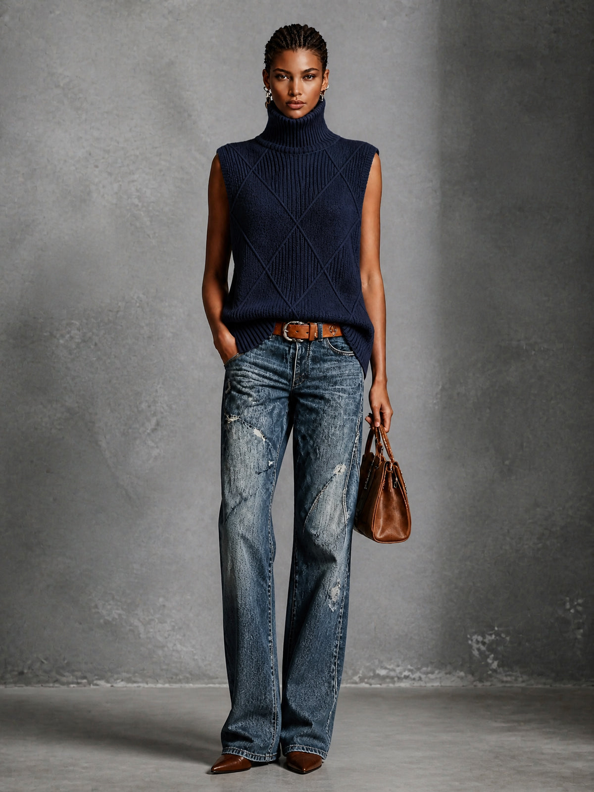 ElevenOra Chic Elegant Navy Blue Turtleneck Sleeveless Argyle Jacquard Loose-Fit Cotton Knit Vest Top