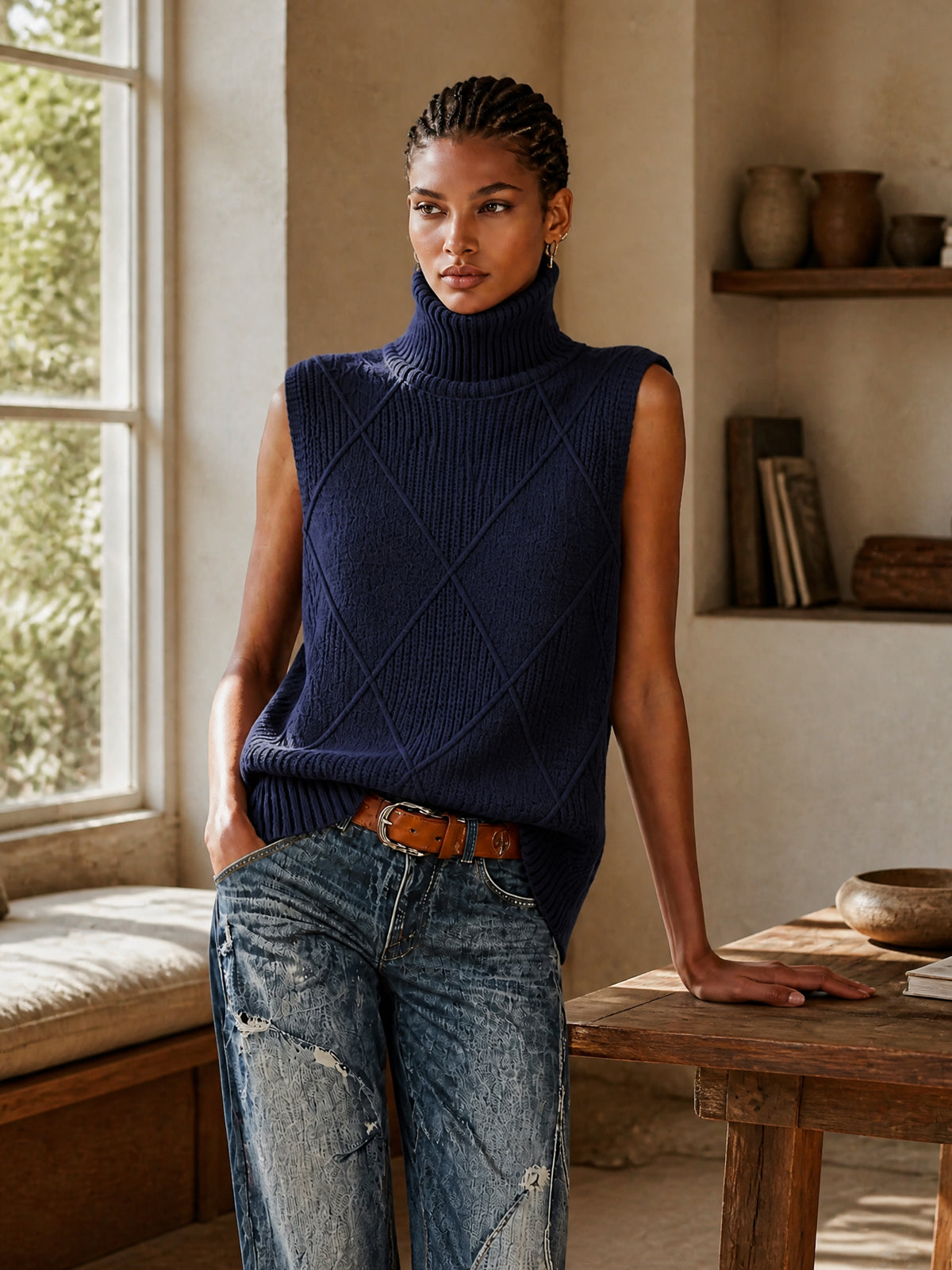 ElevenOra Chic Elegant Navy Blue Turtleneck Sleeveless Argyle Jacquard Loose-Fit Cotton Knit Vest Top