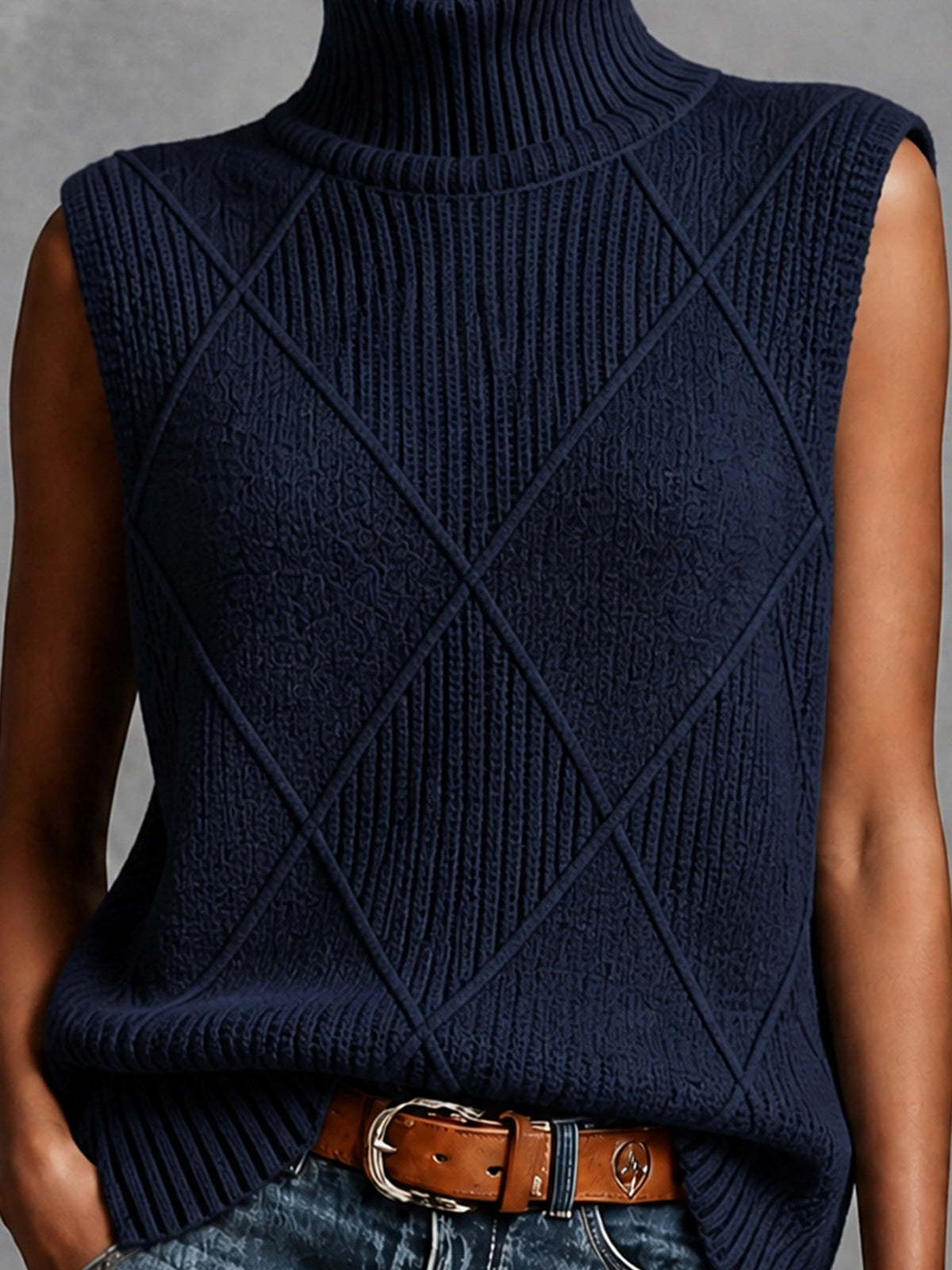 ElevenOra Chic Elegant Navy Blue Turtleneck Sleeveless Argyle Jacquard Loose-Fit Cotton Knit Vest Top