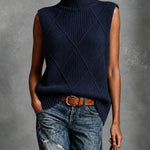 ElevenOra Chic Elegant Navy Blue Turtleneck Sleeveless Argyle Jacquard Loose-Fit Cotton Knit Vest Top