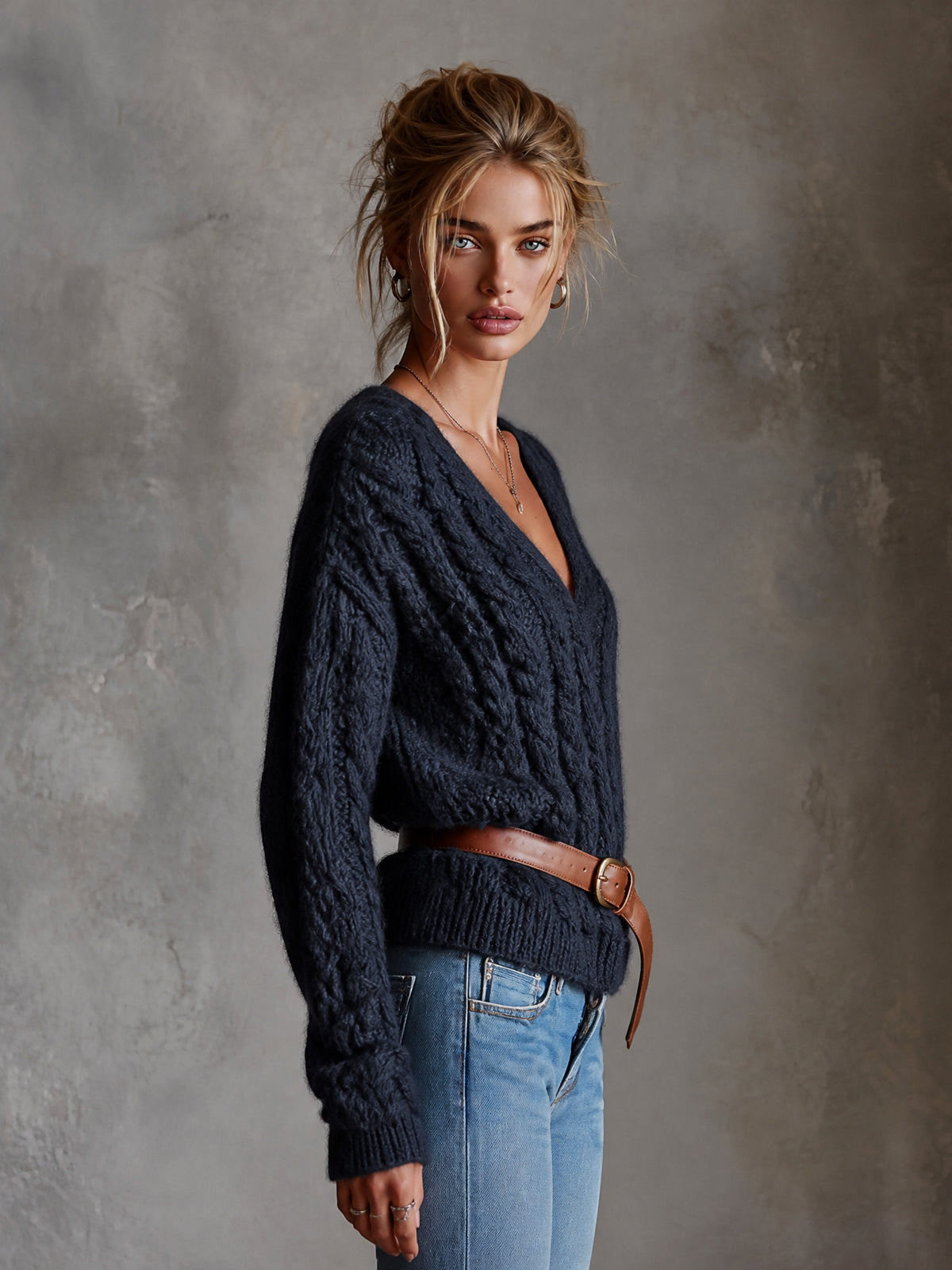 ElevenOra Chic Elegant Navy Blue V-Neck Dropped-Shoulder Long-Sleeve Belted Loose-Fit Soft Warm Cable-Knit Sweater