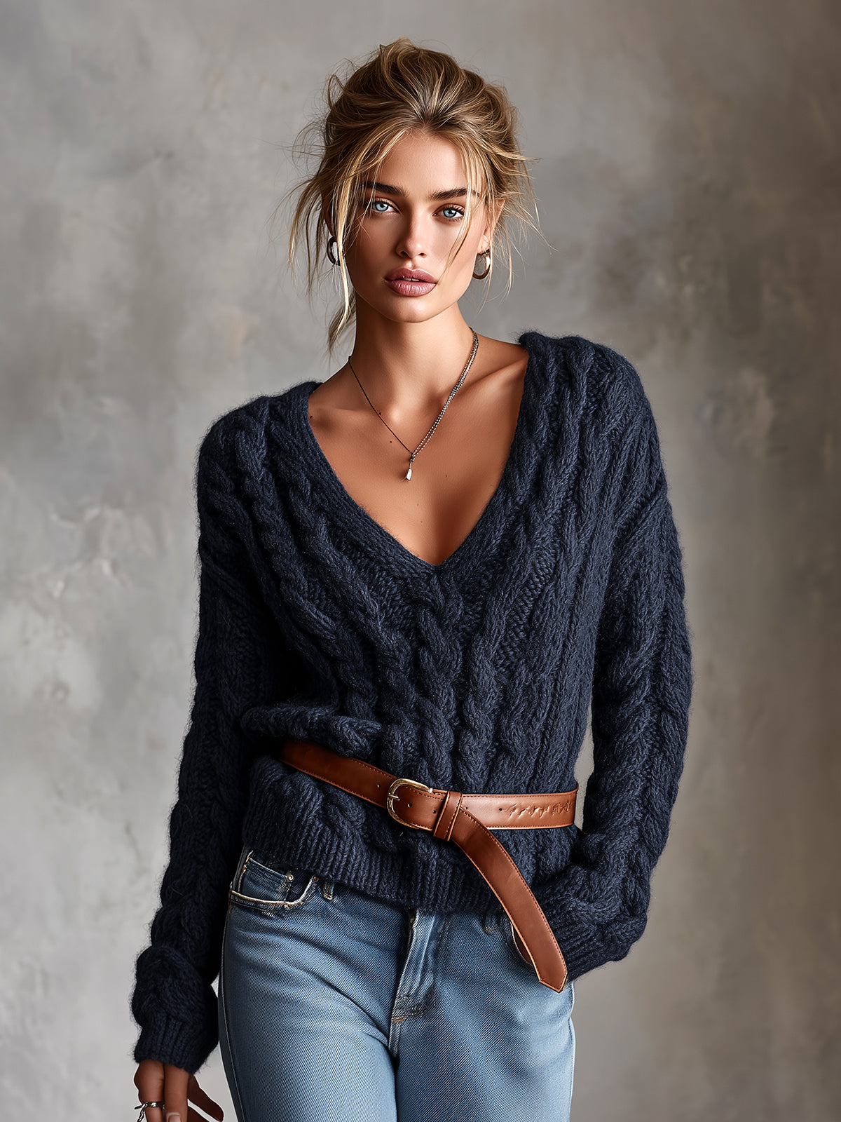 ElevenOra Chic Elegant Navy Blue V-Neck Dropped-Shoulder Long-Sleeve Belted Loose-Fit Soft Warm Cable-Knit Sweater