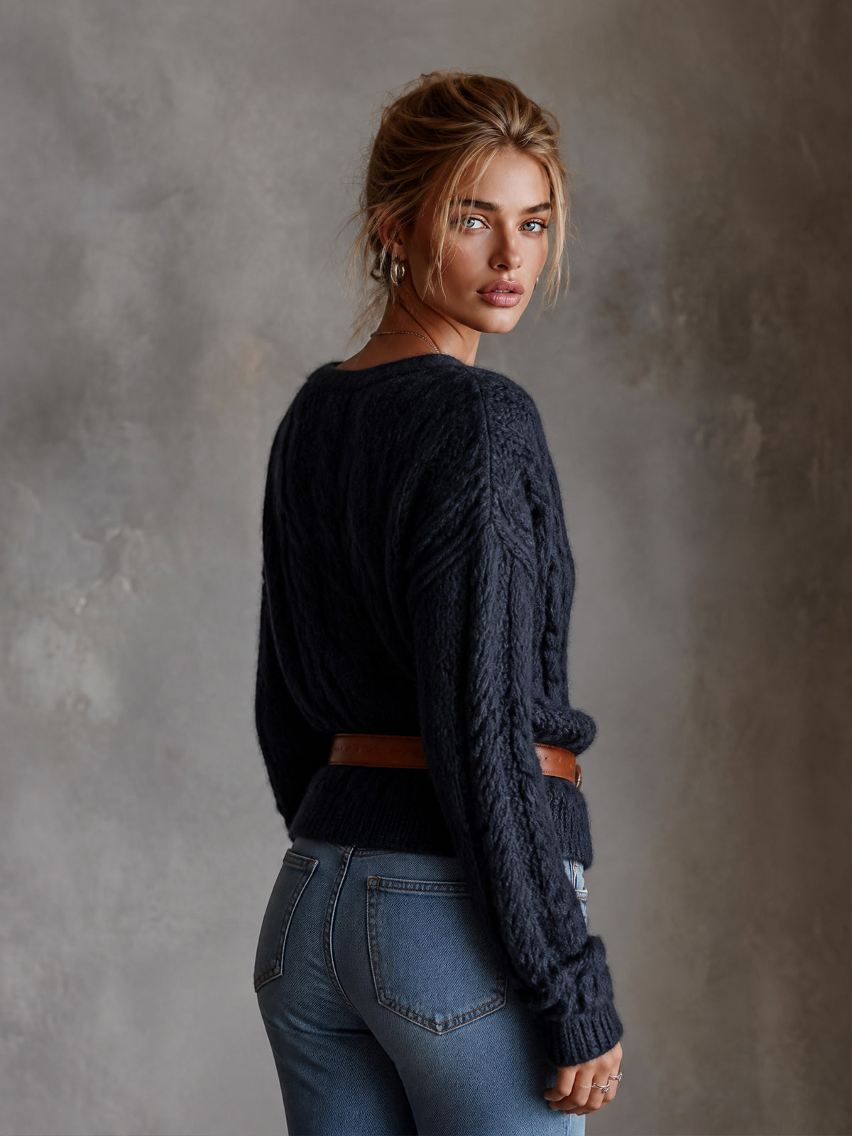 ElevenOra Chic Elegant Navy Blue V-Neck Dropped-Shoulder Long-Sleeve Belted Loose-Fit Soft Warm Cable-Knit Sweater