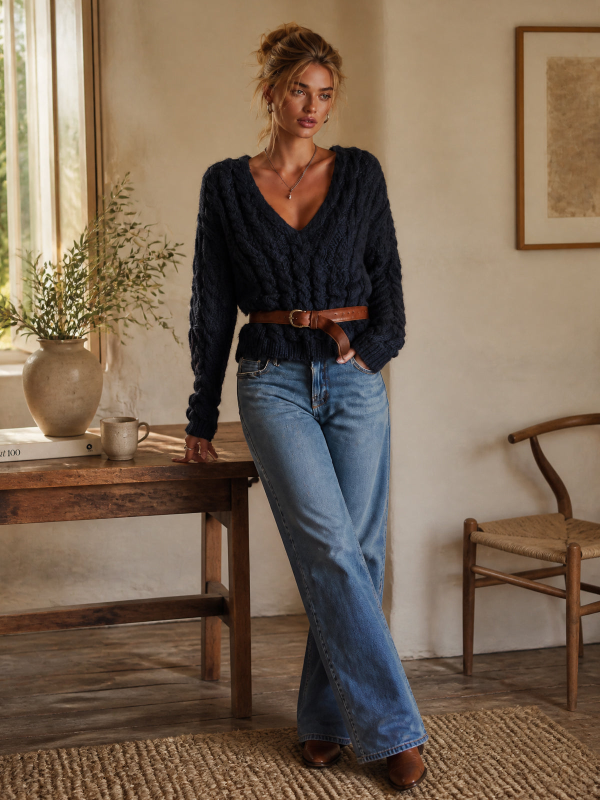 ElevenOra Chic Elegant Navy Blue V-Neck Dropped-Shoulder Long-Sleeve Belted Loose-Fit Soft Warm Cable-Knit Sweater