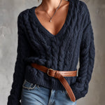 ElevenOra Chic Elegant Navy Blue V-Neck Dropped-Shoulder Long-Sleeve Belted Loose-Fit Soft Warm Cable-Knit Sweater