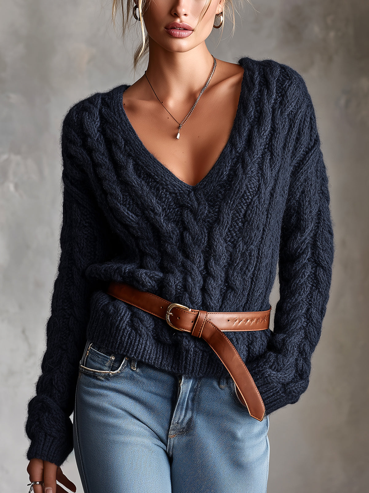 ElevenOra Chic Elegant Navy Blue V-Neck Dropped-Shoulder Long-Sleeve Belted Loose-Fit Soft Warm Cable-Knit Sweater