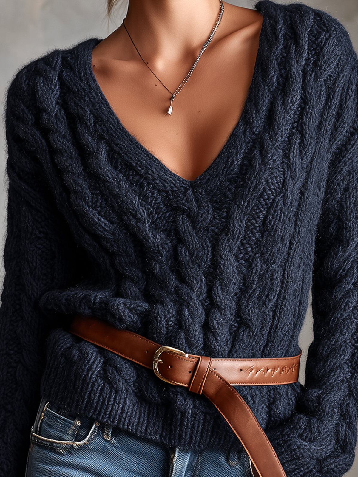 ElevenOra Chic Elegant Navy Blue V-Neck Dropped-Shoulder Long-Sleeve Belted Loose-Fit Soft Warm Cable-Knit Sweater
