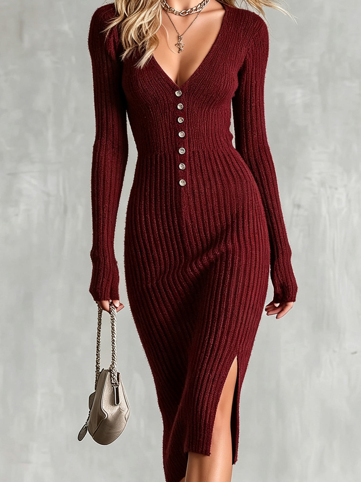 ElevenOra Chic Elegant Burgundy Deep V-Neck Long-Sleeve Button-Front Side-Slit Detail Slim-Fit Ribbed Knit Midi Dress