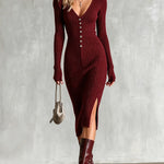 ElevenOra Chic Elegant Burgundy Deep V-Neck Long-Sleeve Button-Front Side-Slit Detail Slim-Fit Ribbed Knit Midi Dress