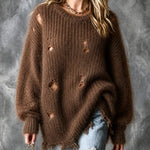 ElevenOra Chic Elegant Brown Round-Collar Dropped-Shoulder Long-Lantern-Sleeve Ripped Raw Edge Detail Loose-Fit Fuzzy Knit Sweater
