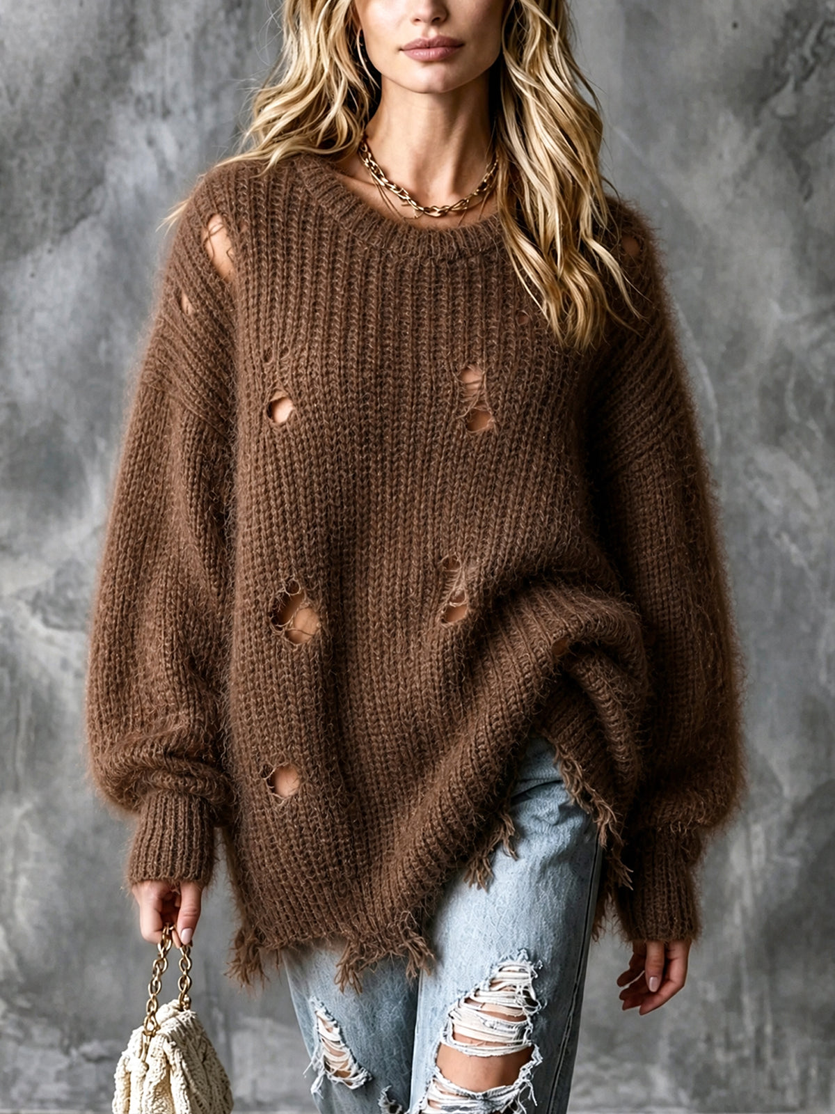 ElevenOra Chic Elegant Brown Round-Collar Dropped-Shoulder Long-Lantern-Sleeve Ripped Raw Edge Detail Loose-Fit Fuzzy Knit Sweater