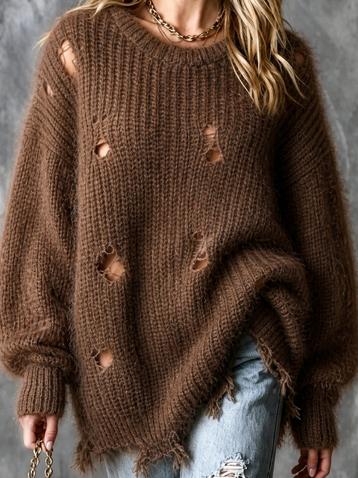 ElevenOra Chic Elegant Brown Round-Collar Dropped-Shoulder Long-Lantern-Sleeve Ripped Raw Edge Detail Loose-Fit Fuzzy Knit Sweater