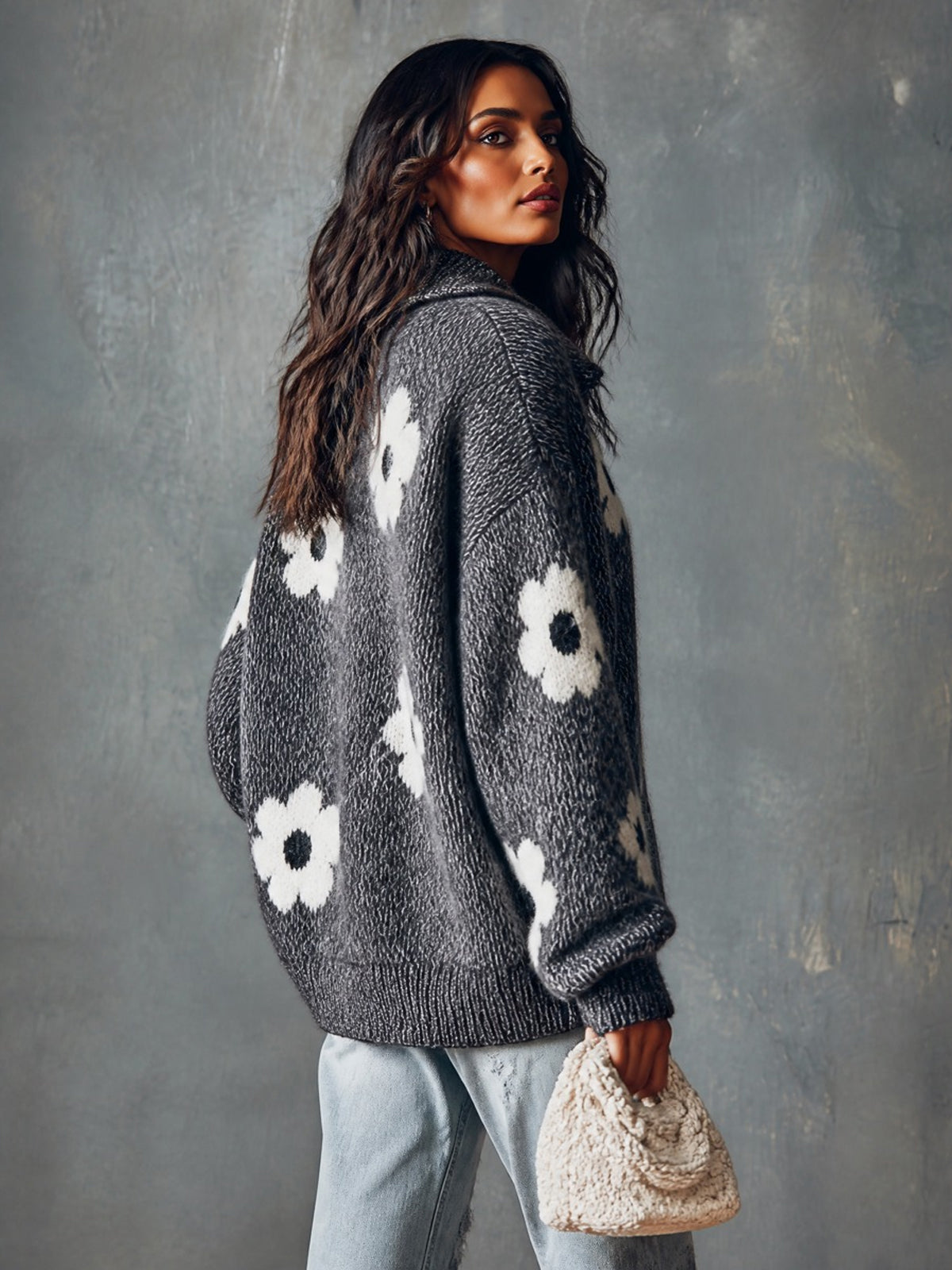 ElevenOra Chic Elegant Gray Button-Up Lapel-Collar Dropped-Shoulder Long-Sleeve Flower Jacquard Loose-Fit Soft Knit Sweater