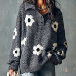 ElevenOra Chic Elegant Gray Button-Up Lapel-Collar Dropped-Shoulder Long-Sleeve Flower Jacquard Loose-Fit Soft Knit Sweater