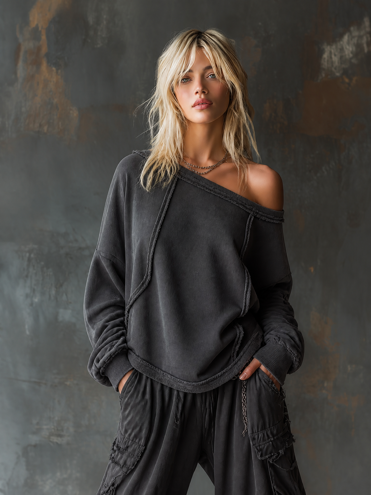 ElevenOra Chic Casual Charcoal Grey Off‑Shoulder Frayed Edge Dropped Shoulder Long Sleeve Loose-Fit French Terry Sweatshirt