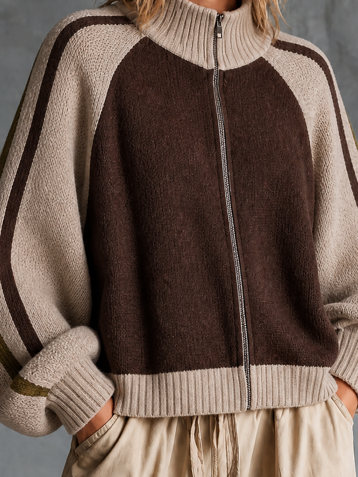 ElevenOra Chic Casual Brown-Beige Colorblock Mock-Neck Raglan Long-Sleeve Zipper-Placket Loose-Fit Knit Cardigan Top