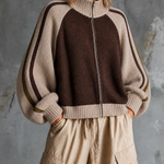 ElevenOra Chic Casual Brown-Beige Colorblock Mock-Neck Raglan Long-Sleeve Zipper-Placket Loose-Fit Knit Cardigan Top