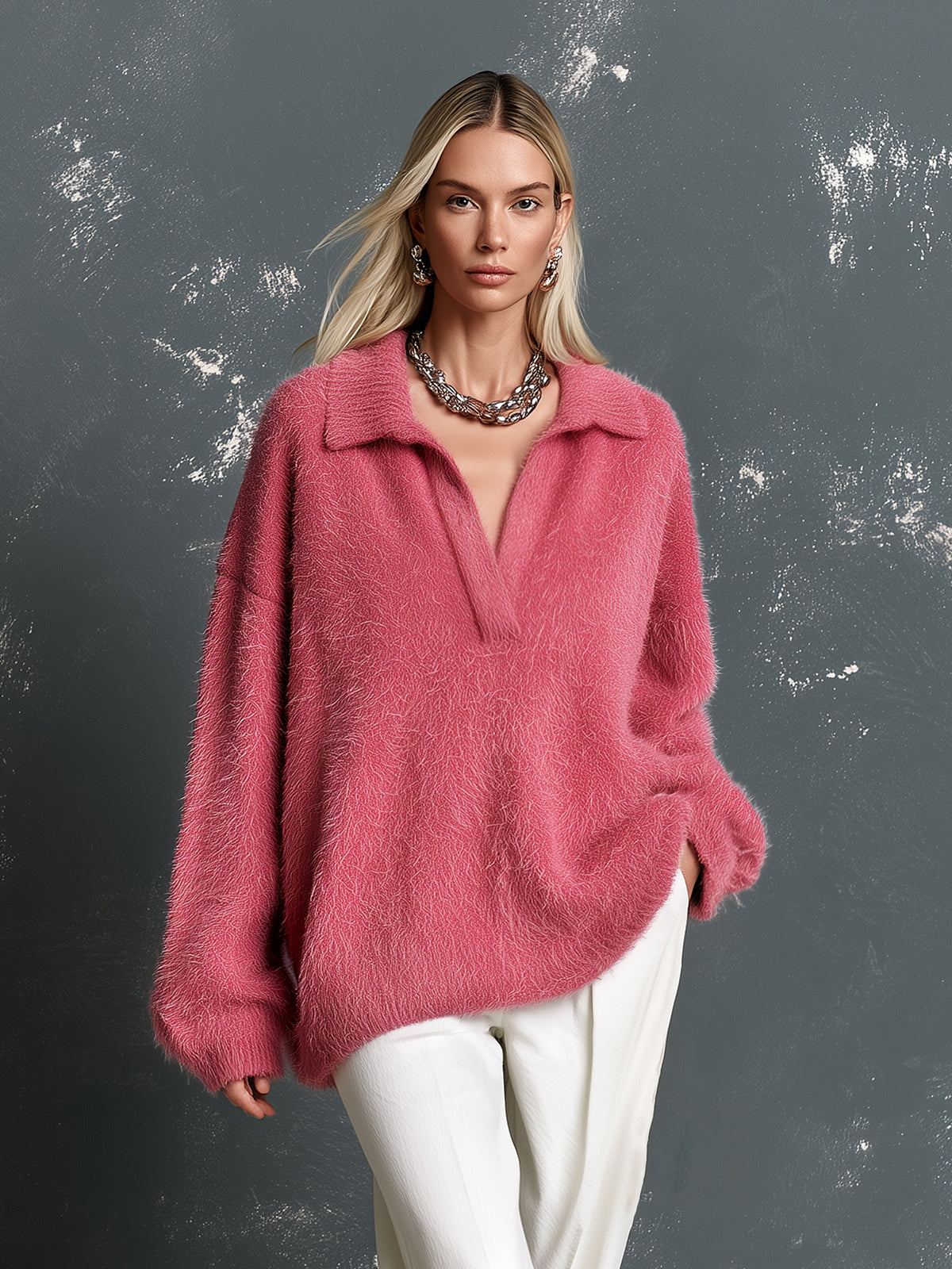 ElevenOra Chic Casual Hot Pink Lapel V-Neck Dropped-Shoulder Long-Sleeve Loose-Fit Soft Fuzzy Knit Polo Sweater