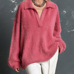 ElevenOra Chic Casual Hot Pink Lapel V-Neck Dropped-Shoulder Long-Sleeve Loose-Fit Soft Fuzzy Knit Polo Sweater