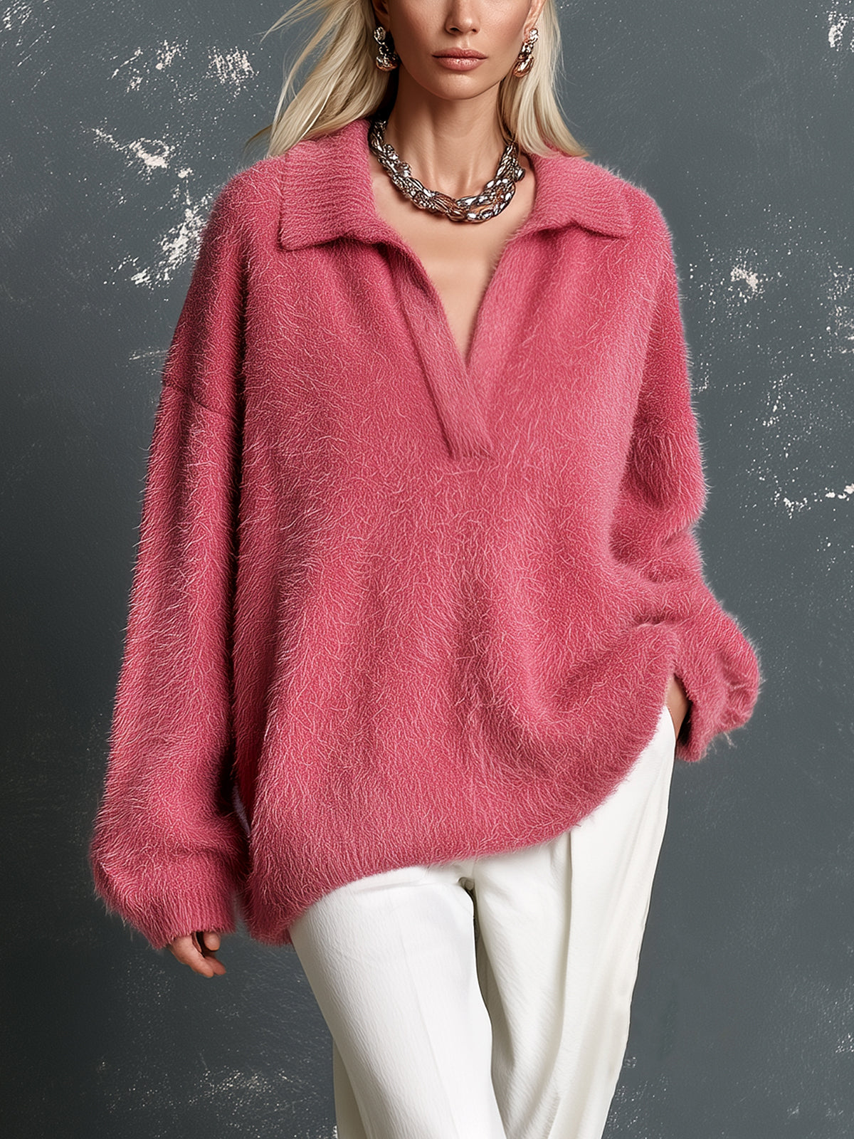 ElevenOra Chic Casual Hot Pink Lapel V-Neck Dropped-Shoulder Long-Sleeve Loose-Fit Soft Fuzzy Knit Polo Sweater