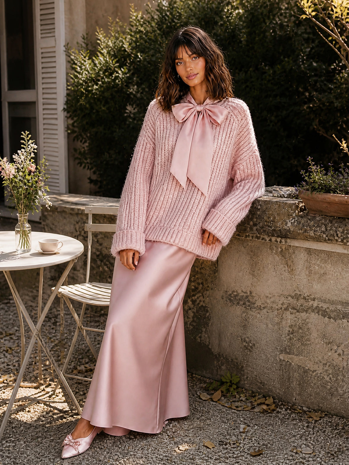 ElevenOra Chic Elegant Pink-Colored Tie-Neck Long-Sleeve Loose-Fit Ribbed Knit Sweater Satin A-Line Maxi Skirt Two-Piece Set