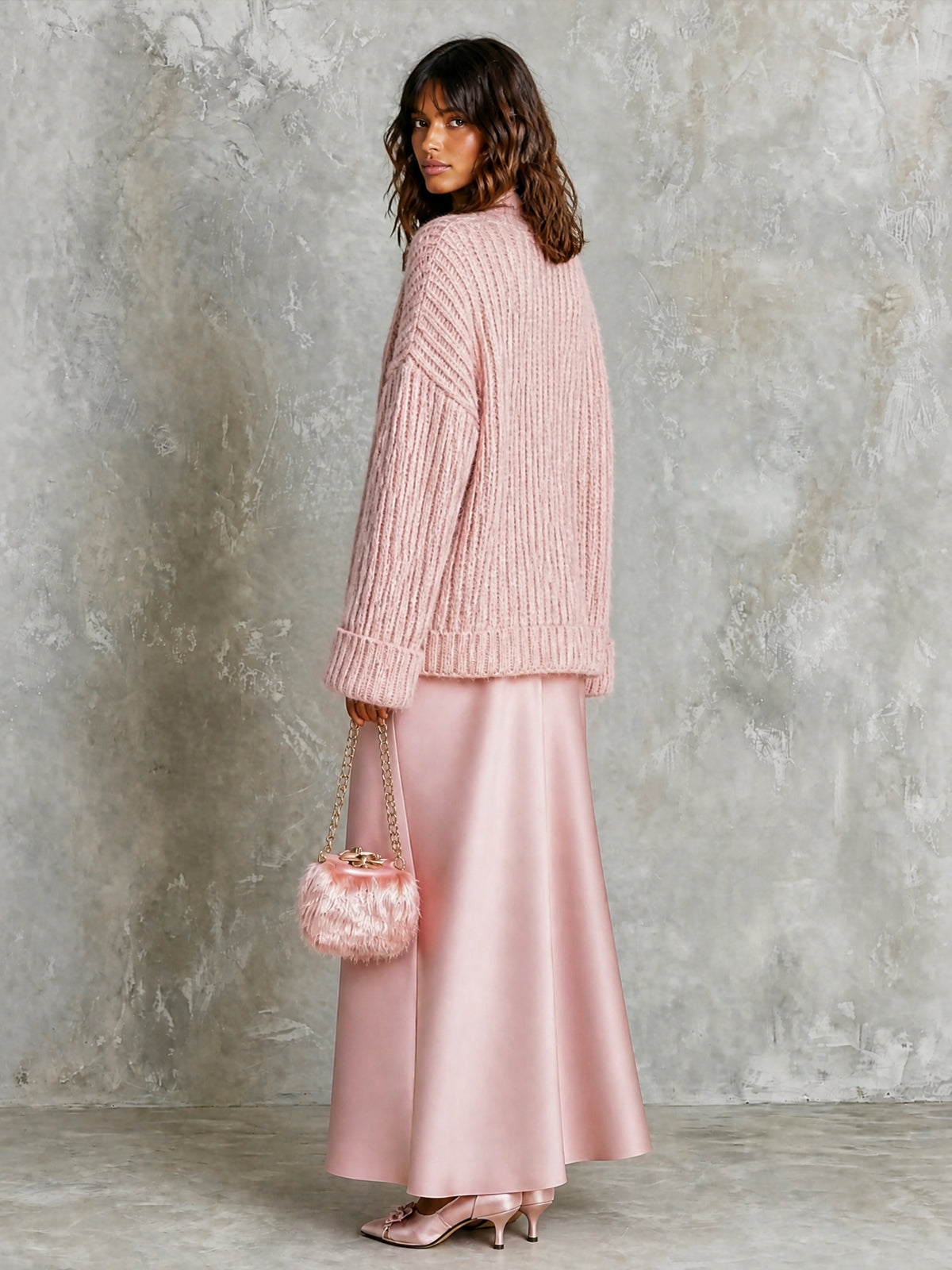 ElevenOra Chic Elegant Pink-Colored Tie-Neck Long-Sleeve Loose-Fit Ribbed Knit Sweater Satin A-Line Maxi Skirt Two-Piece Set