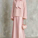 ElevenOra Chic Elegant Pink-Colored Tie-Neck Long-Sleeve Loose-Fit Ribbed Knit Sweater Satin A-Line Maxi Skirt Two-Piece Set