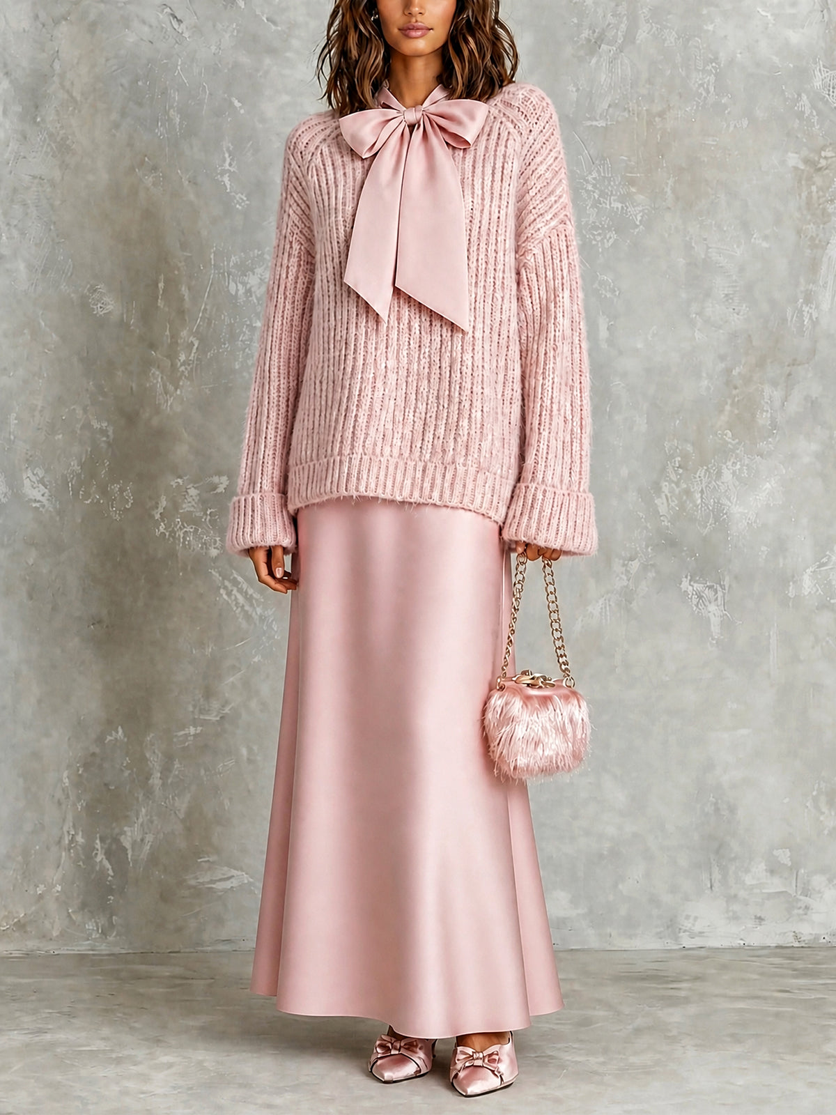 ElevenOra Chic Elegant Pink-Colored Tie-Neck Long-Sleeve Loose-Fit Ribbed Knit Sweater Satin A-Line Maxi Skirt Two-Piece Set