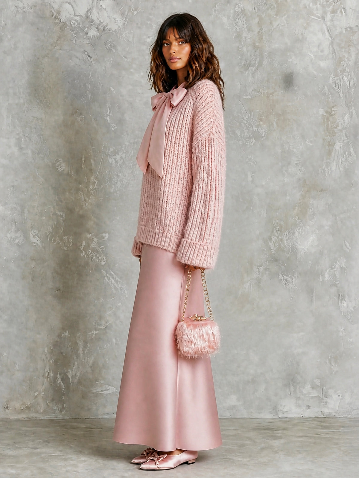 ElevenOra Chic Elegant Pink-Colored Tie-Neck Long-Sleeve Loose-Fit Ribbed Knit Sweater Satin A-Line Maxi Skirt Two-Piece Set
