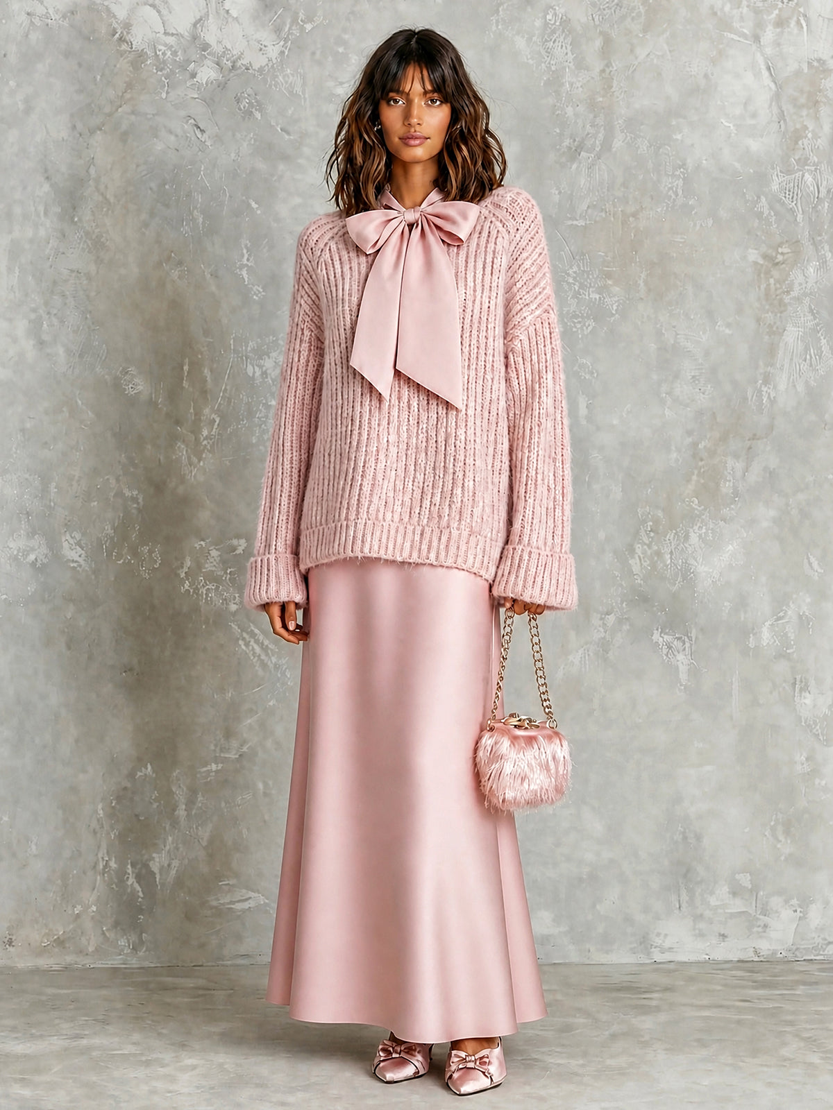 ElevenOra Chic Elegant Pink-Colored Tie-Neck Long-Sleeve Loose-Fit Ribbed Knit Sweater Satin A-Line Maxi Skirt Two-Piece Set