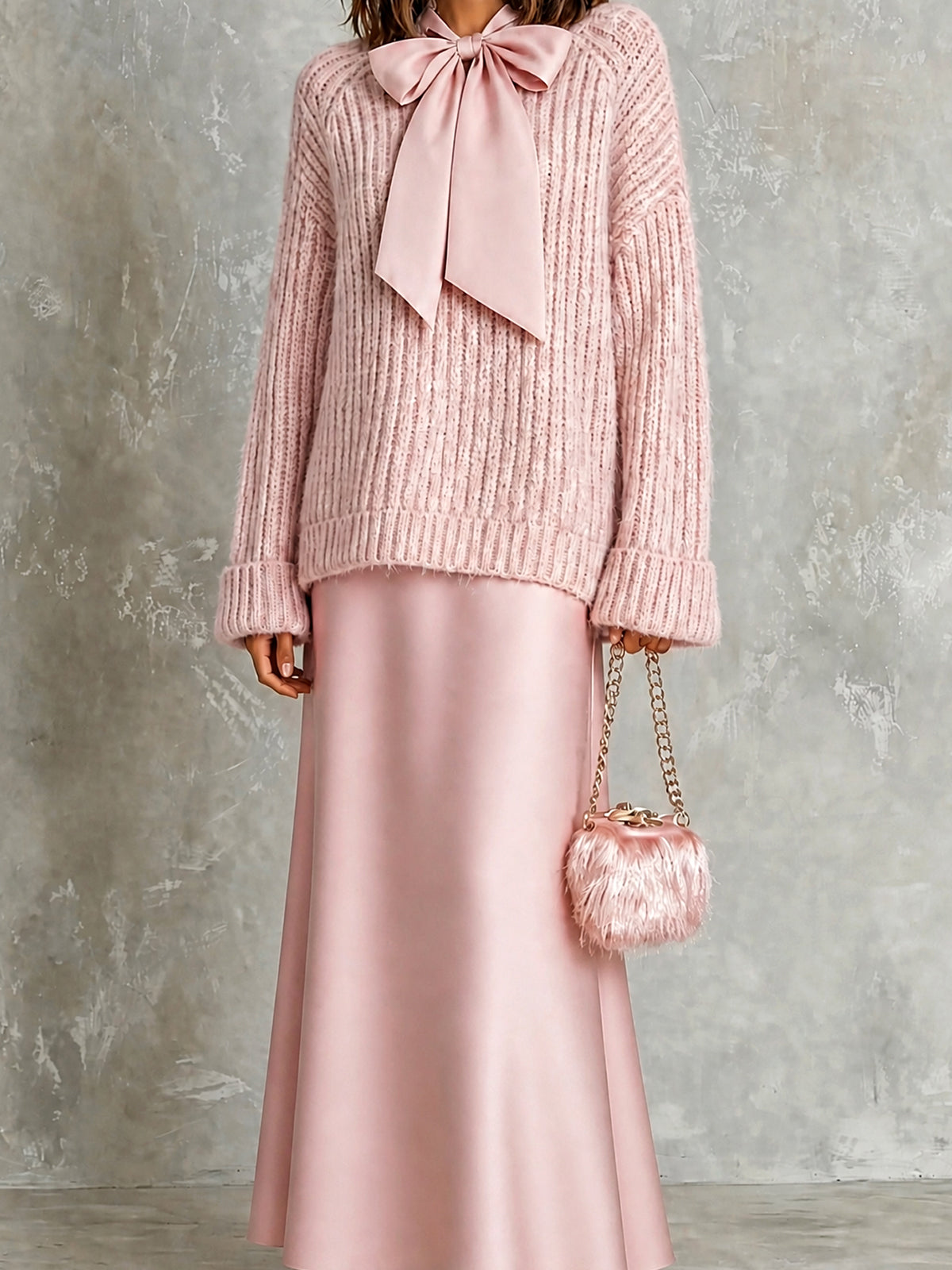 ElevenOra Chic Elegant Pink-Colored Tie-Neck Long-Sleeve Loose-Fit Ribbed Knit Sweater Satin A-Line Maxi Skirt Two-Piece Set