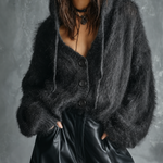 ElevenOra Chic Casual Charcoal Black Hooded Single-Breasted Long-Sleeve Loose-Fit Fluffy Mohair Knit Cardigan Top