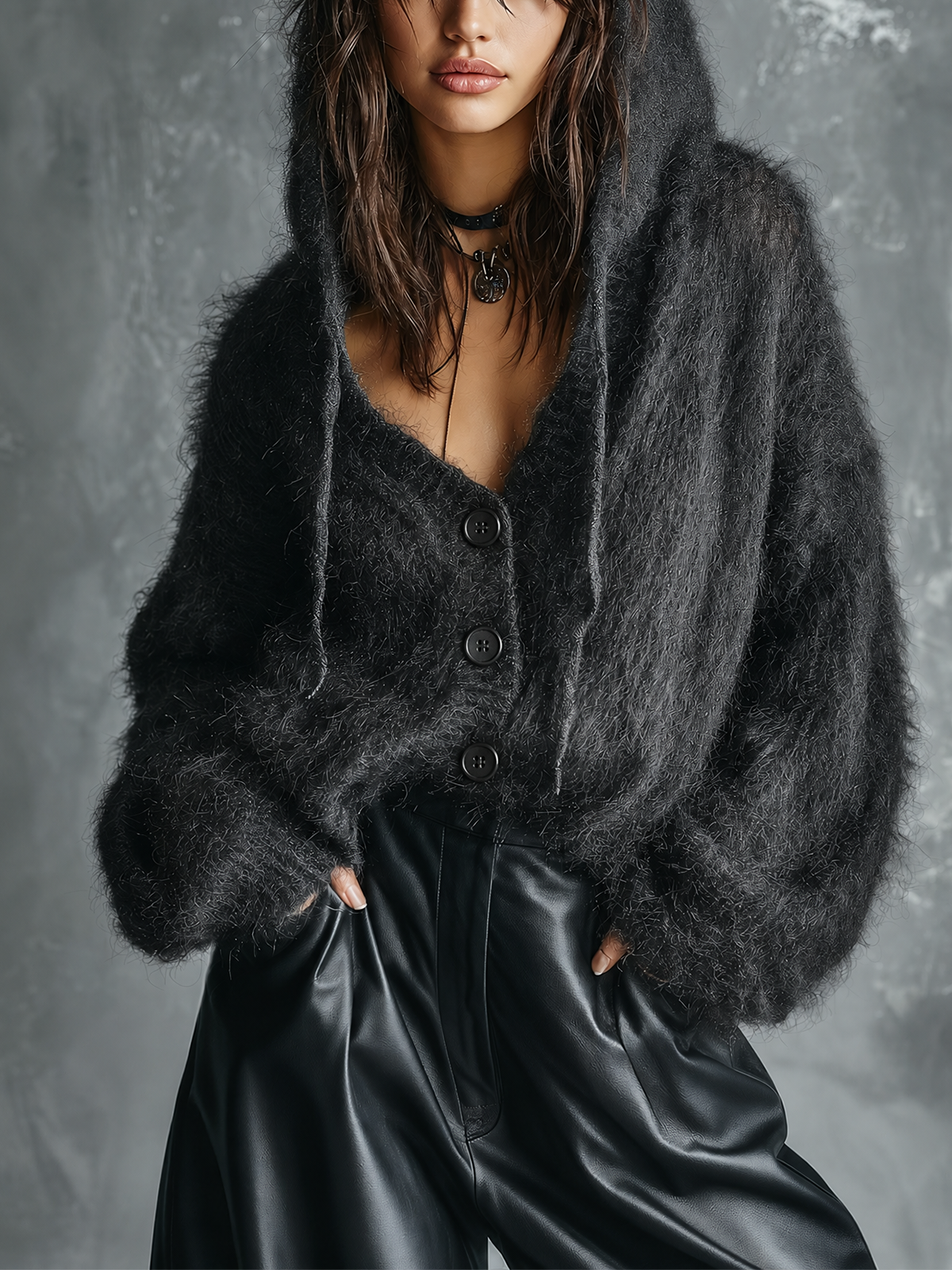 ElevenOra Chic Casual Charcoal Black Hooded Single-Breasted Long-Sleeve Loose-Fit Fluffy Mohair Knit Cardigan Top