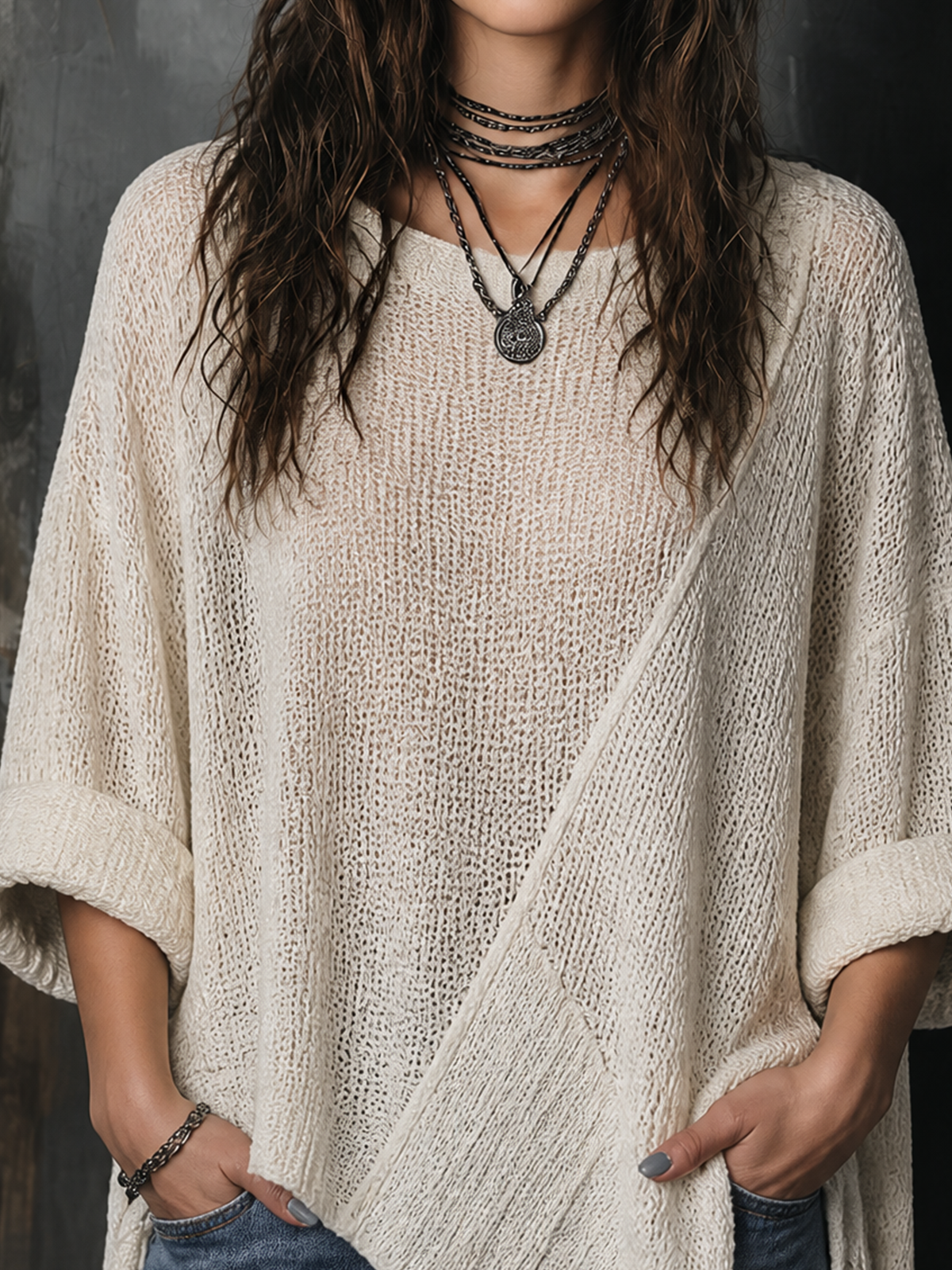 ElevenOra Chic Casual Off-White Round-Neck Dropped Shoulder Long Sleeves Asymmetric Hem Loose-Fit Knit Sweater Top