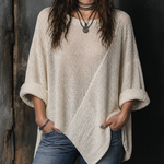ElevenOra Chic Casual Off-White Round-Neck Dropped Shoulder Long Sleeves Asymmetric Hem Loose-Fit Knit Sweater Top