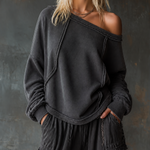 ElevenOra Chic Casual Charcoal Grey Off‑Shoulder Frayed Edge Dropped Shoulder Long Sleeve Loose-Fit French Terry Sweatshirt