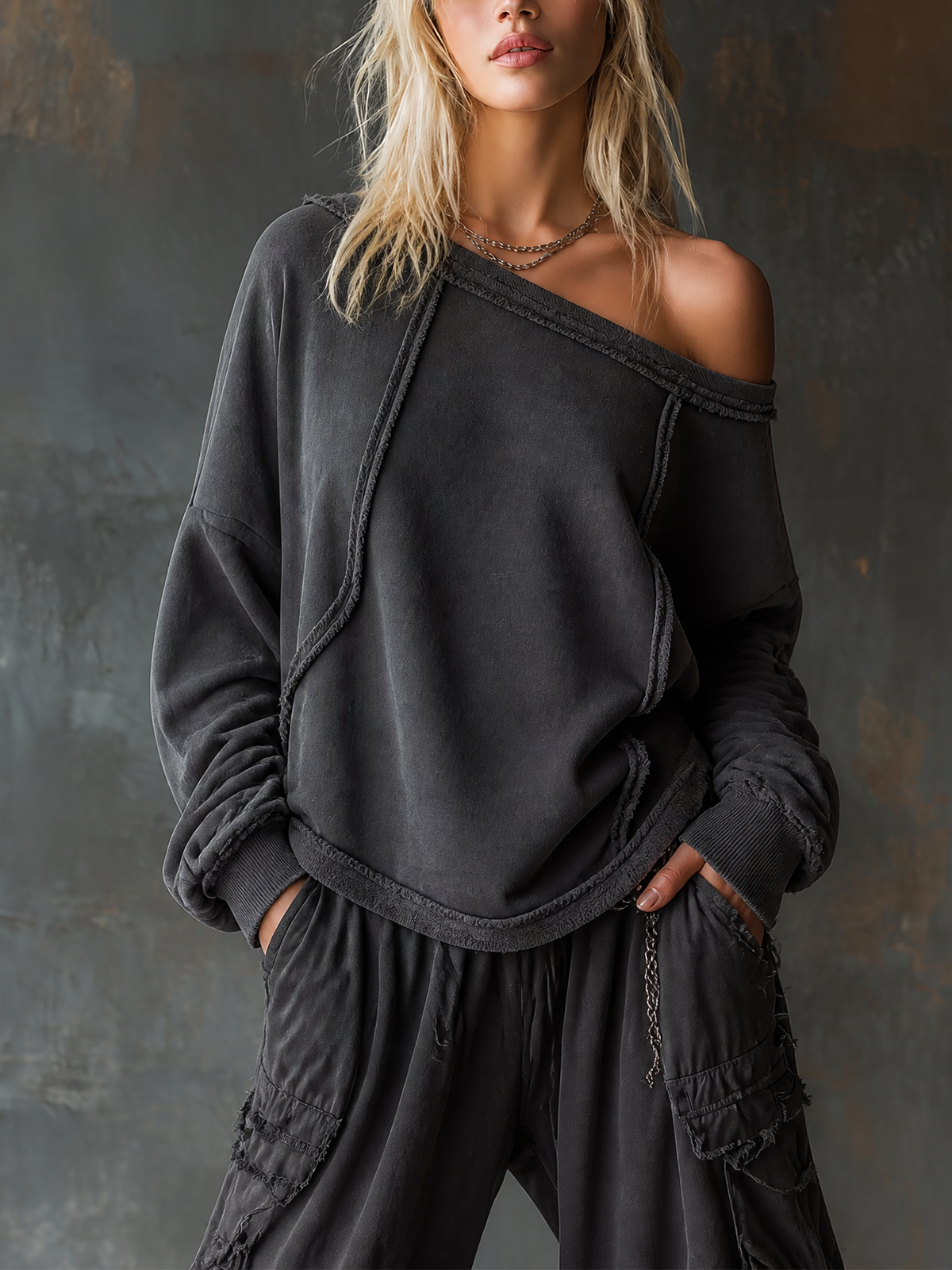 ElevenOra Chic Casual Charcoal Grey Off‑Shoulder Frayed Edge Dropped Shoulder Long Sleeve Loose-Fit French Terry Sweatshirt