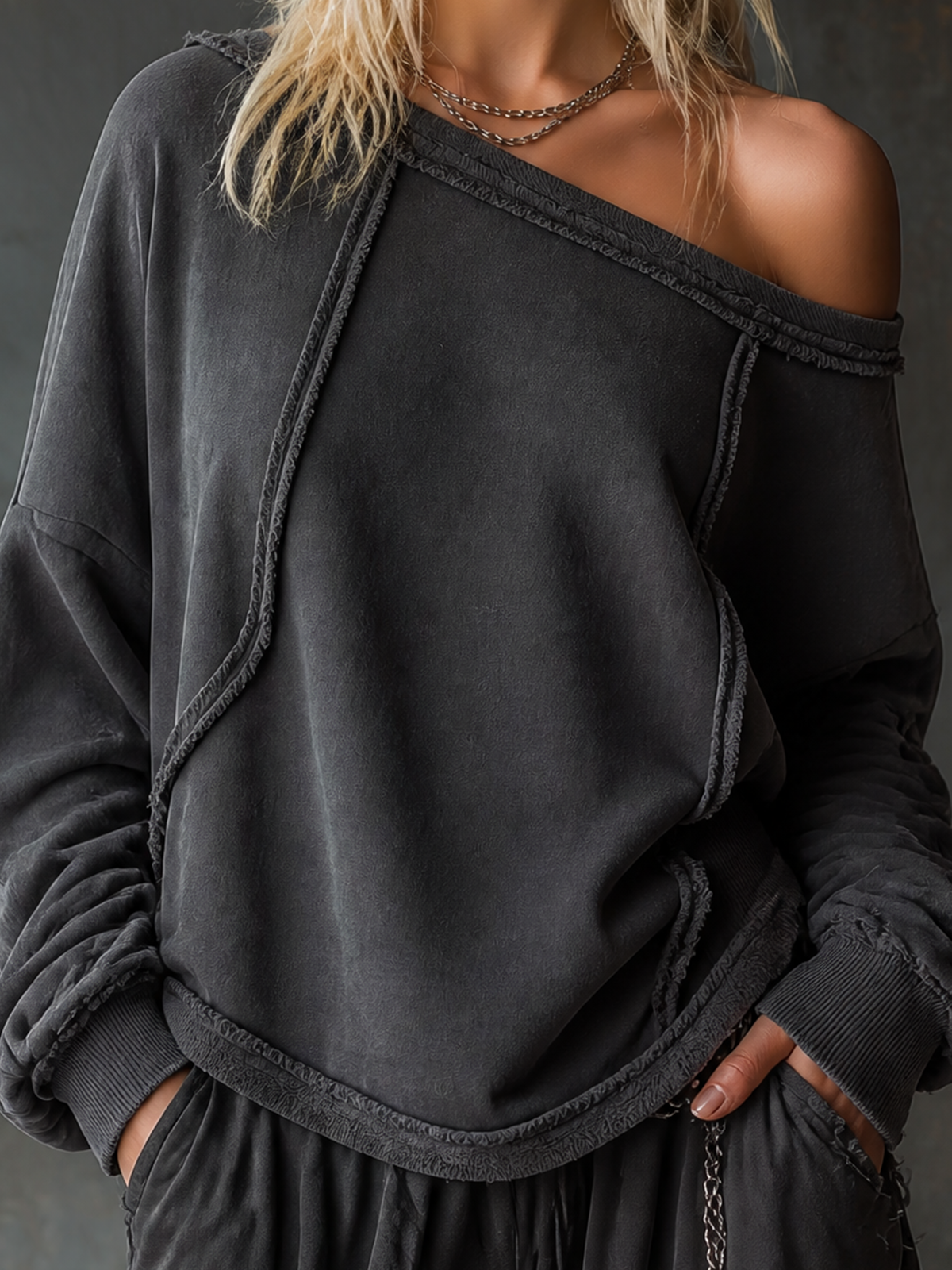 ElevenOra Chic Casual Charcoal Grey Off‑Shoulder Frayed Edge Dropped Shoulder Long Sleeve Loose-Fit French Terry Sweatshirt