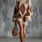 ElevenOra Chic Casual Off-White‑Brown Diamond Jacquard Boat‑Neck Dropped Shoulder Long-Sleeve Loose-Fit Fuzzy Knit Mini Dress