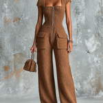 ElevenOra Chic Elegant Caramel Brown Square‑Neck Zipper-Front Cap‑Sleeve Flap Patch Pocket Knit Jumpsuit