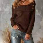 ElevenOra Chic Casual Brown Off‑The‑Shoulder Fold‑Over Collar Button Detail Long Sleeves Loose-Fit Knit Sweater Top
