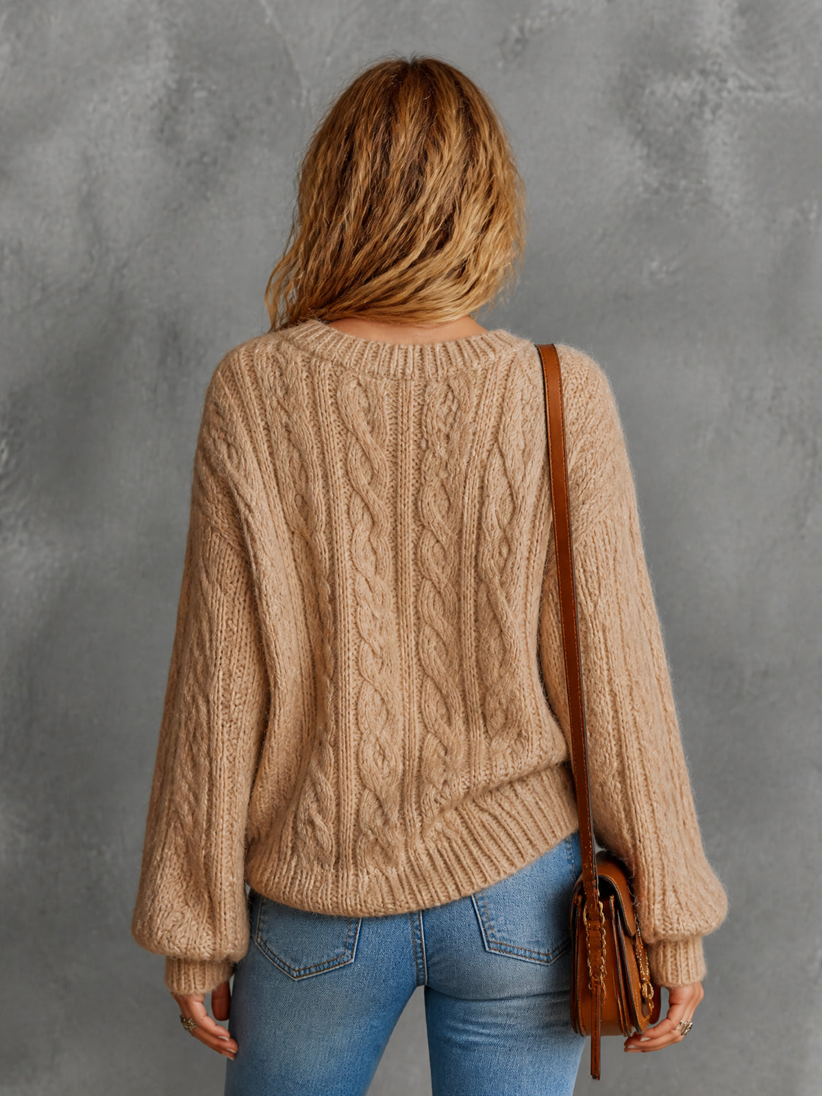 ElevenOra Chic Elegant Camel V-Neck Dropped-Shoulder Long-Lantern-Sleeve Loose-Fit Soft Cable Knit Sweater