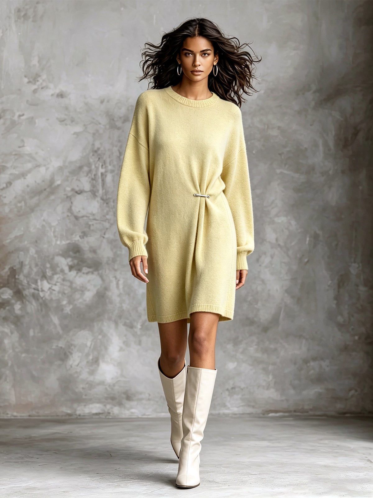 ElevenOra Chic Elegant Pale Yellow Crew Neck Metal Pin Detail Ruched Long‑Sleeve Loose-Fit Soft Knit Mini Dress