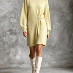 ElevenOra Chic Elegant Pale Yellow Crew Neck Metal Pin Detail Ruched Long‑Sleeve Loose-Fit Soft Knit Mini Dress