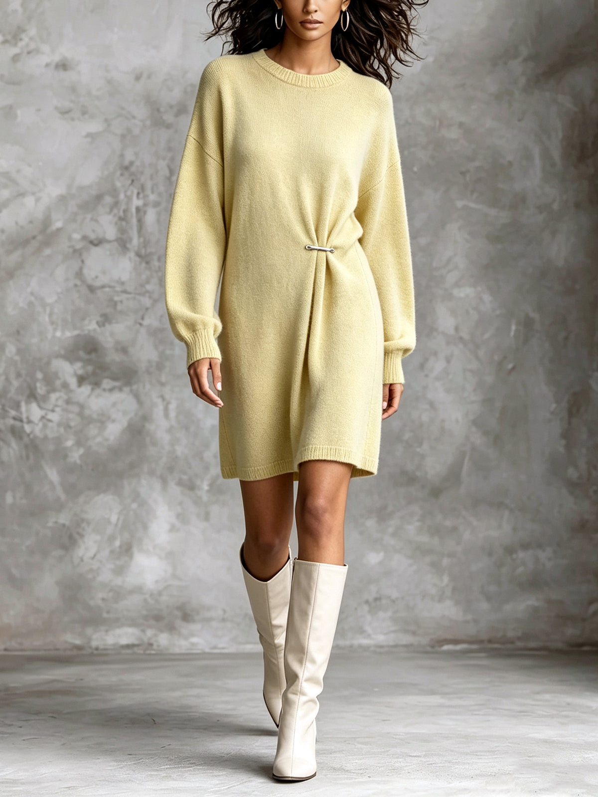 ElevenOra Chic Elegant Pale Yellow Crew Neck Metal Pin Detail Ruched Long‑Sleeve Loose-Fit Soft Knit Mini Dress