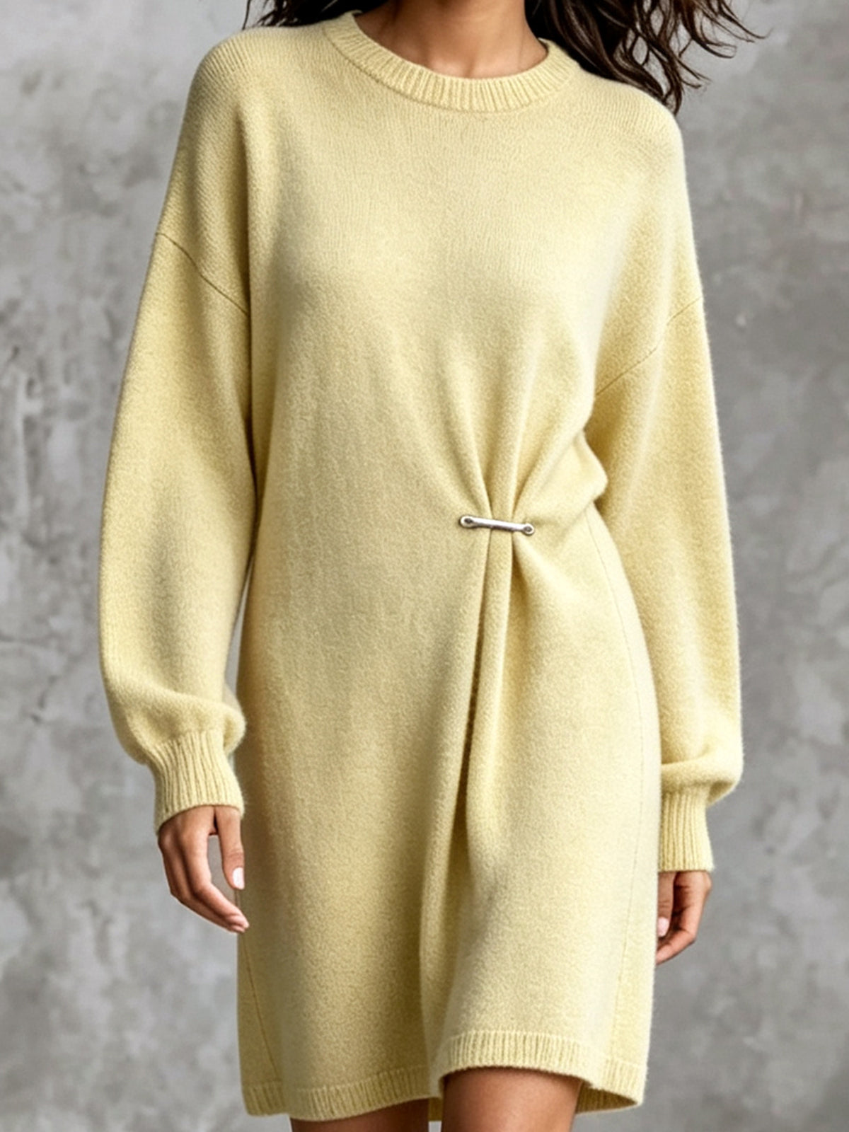 ElevenOra Chic Elegant Pale Yellow Crew Neck Metal Pin Detail Ruched Long‑Sleeve Loose-Fit Soft Knit Mini Dress