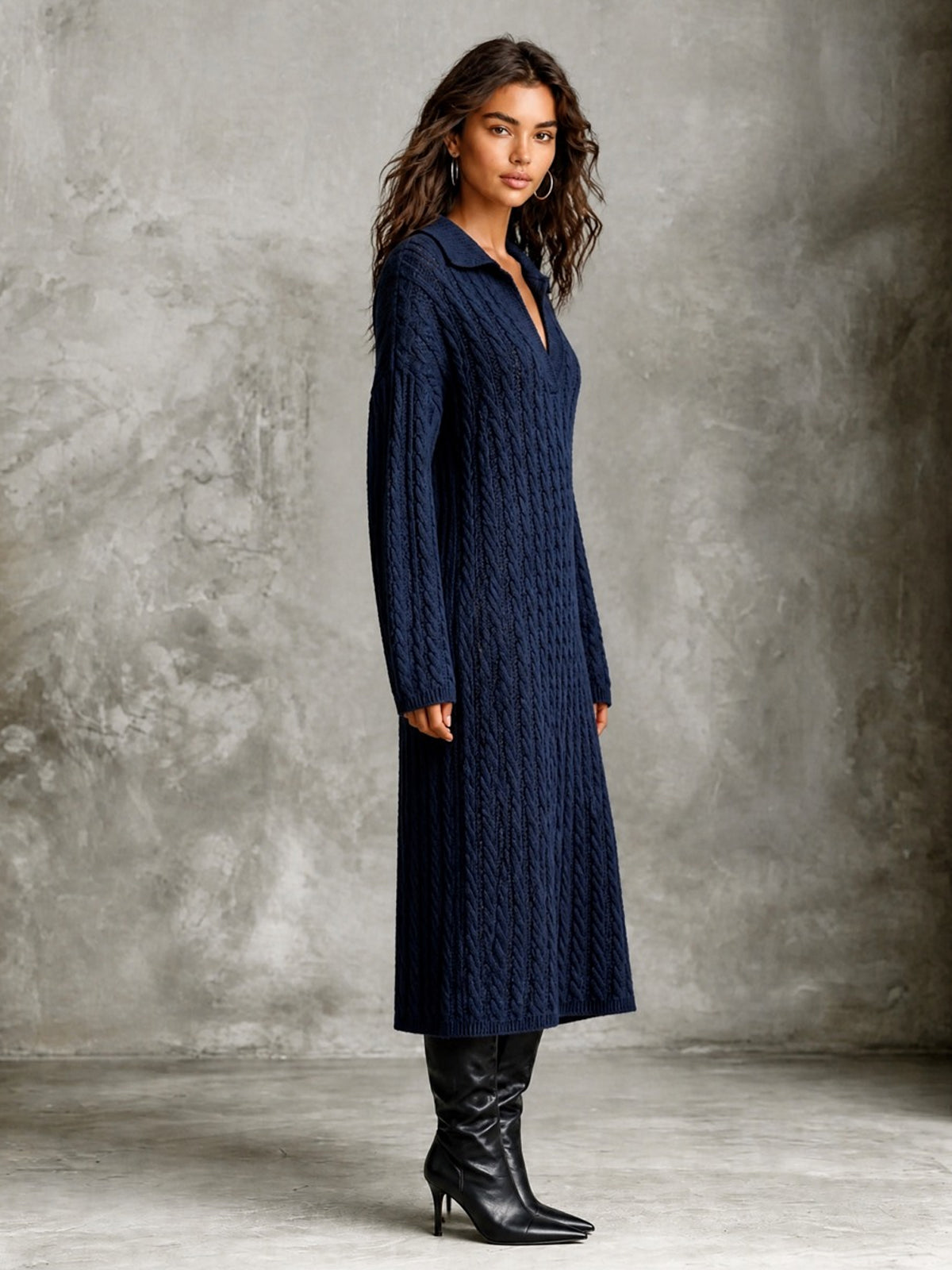 ElevenOra Chic Elegant Navy Blue Lapel V-Neck Dropped-Shoulder Long‑Sleeve Loose-Fit Wool Blend Cable Knit Midi Dress